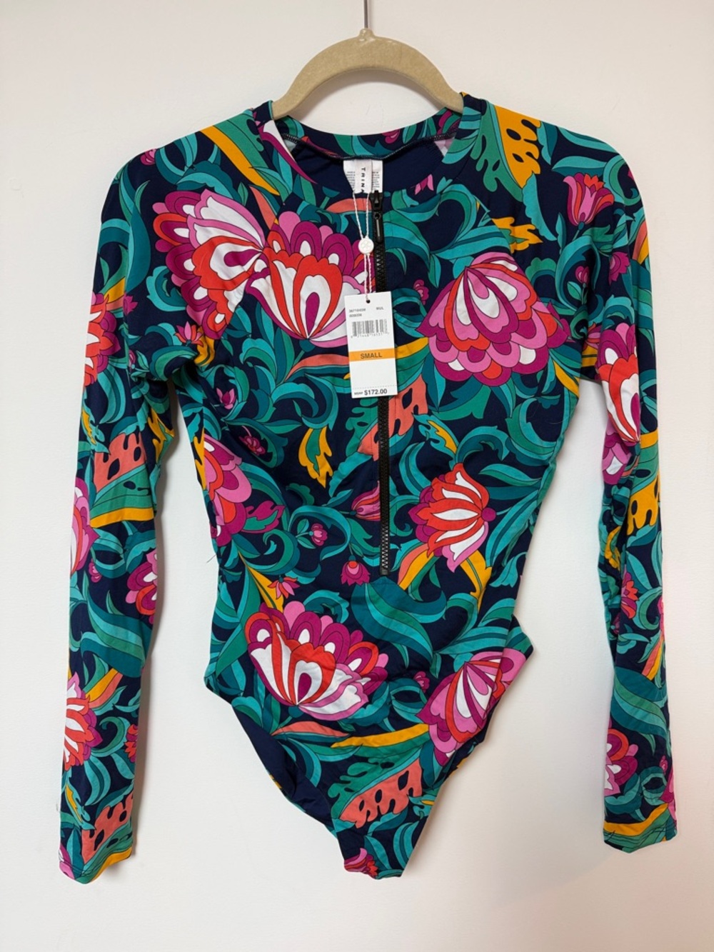 Trina Turk Teal Multicolor Floral Long-Sleeve One-Piece Swimsuit